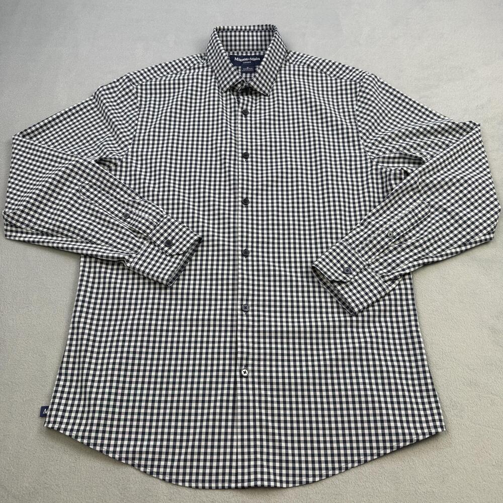 Mizzen+Main Leeward Dress Shirt Mens Medium Black Gray Gingham Trim Fit Stretch
